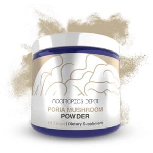 Buy Poria Mushroom Extract Powder online Europe, Standardized to 55% beta-glucans for immune, digestive, respiratory, and cognitive health support.Enhanced cognitive support mushroom supplement in a white container with blue accents.