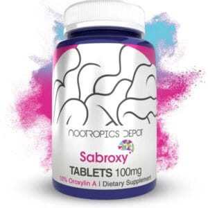 Sabroxy nootropics supplement bottle with colorful background.